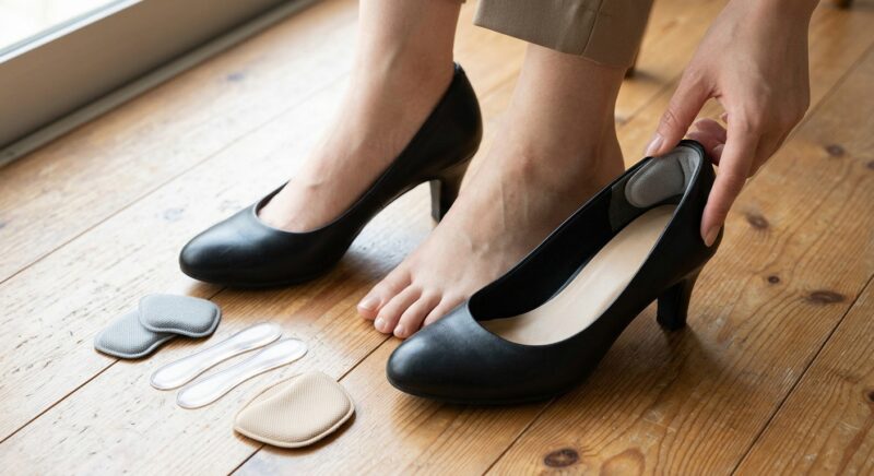 100均の商品でパンプスのかかと脱げを対策する様子