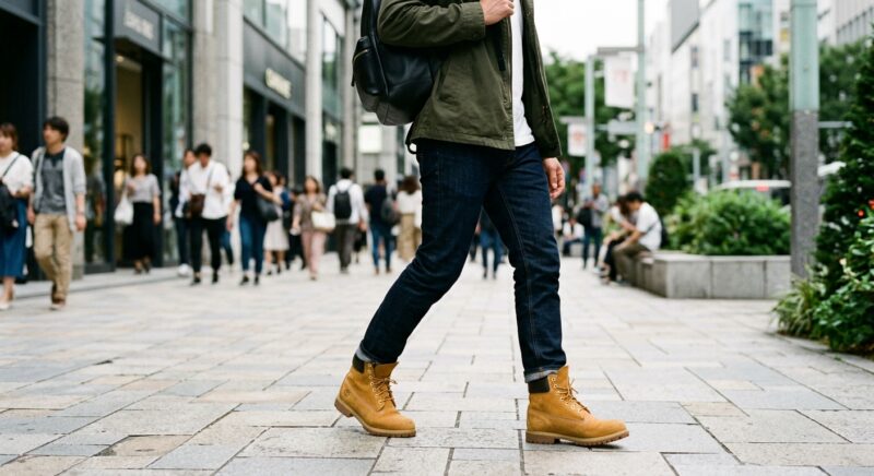 ティンバーランドのイエローブーツを履いた若い男性